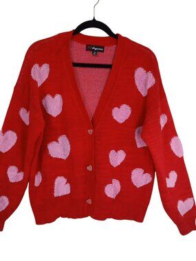 Red Heart Pattern Button-Up Cardigan Sweater XL By 33 Degrees Womens Soft Knit